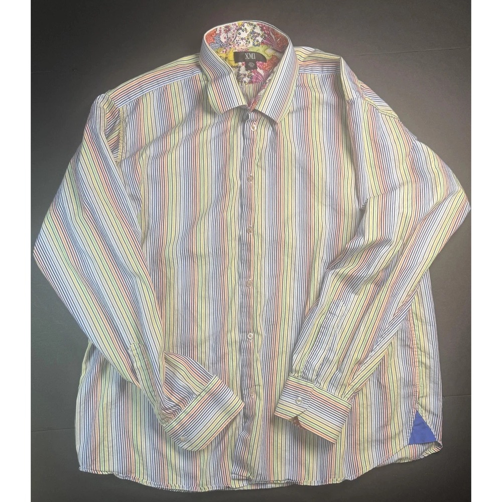 XMI Shirt Mens 2XL Multicolor Striped Button Down Long Sleeve‎ Rainbow Floral